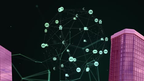 Animation-of-digital-network-of-connections-with-icons-over-pink-2d-cityscape-model