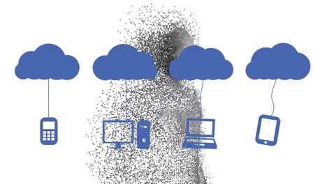 Animation-Von-Wolken-Mit-Symbolen-über-Digitalem-Menschen-Auf-Weißem-Hintergrund