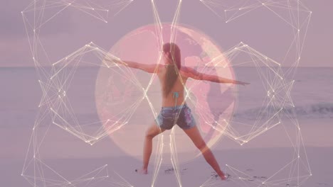 Animation-of-globe-and-connections-over-caucasian-woman-practicing-yoga-at-sea