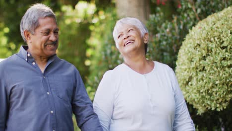 Video-of-happy-biracial-senior-couple-holding-hands-and-walking-in-garden