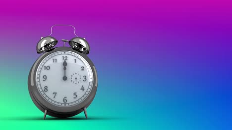 Animation-of-clock-moving-over-green,-pink-and-blue-background