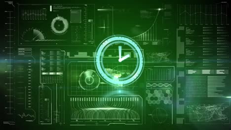 Animation-Des-Scope-Scannens-Mit-Uhr-über-Der-Datenverarbeitung-Auf-Grünem-Hintergrund