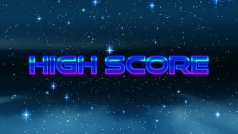 Animation-of-high-score-text-in-blue-metallic-letters-over-stars-and-spots-of-light