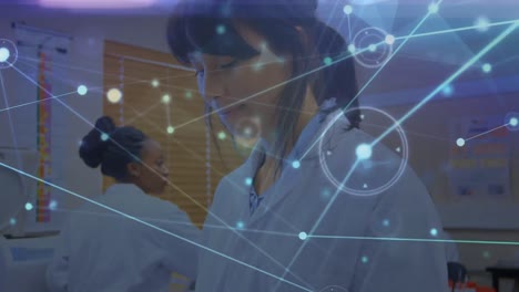 Animation-of-network-of-connections-over-female-asian-scientist
