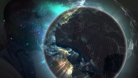 Animation-Von-Verbindungen-Und-Globus-über-Dem-Nachthimmel