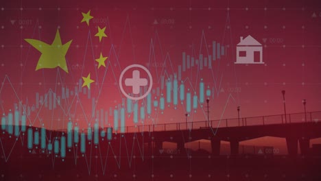 Animation-of-flag-of-china-and-data-processing-over-bridge