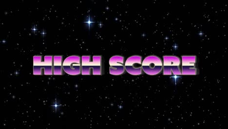 Animation-of-high-score-text-in-pink-metallic-letters-over-stars-and-spots-of-light