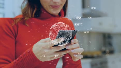 Animation-of-connections-and-globe-over-happy-caucasian-woman-using-smartphone