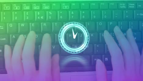 Animation-of-clock-moving-over-hands-of-caucasian-woman-typing-on-computer-keyboard