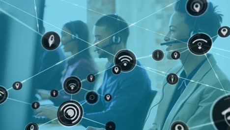Animation-of-network-of-connections-over-diverse-business-people-using-phone-headsets