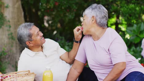 Video-Eines-Glücklichen-Gemischtrassigen-Seniorenpaares,-Das-Erdbeeren-Isst-Und-Im-Garten-Picknickt
