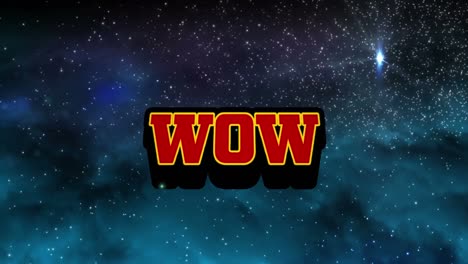 Animation-of-wow-text-in-red-letters-over-shooting-star-and-glowing-spots-of-light