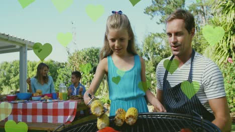 Animation-of-hearts-over-happy-caucasian-father-and-daughter-grilling