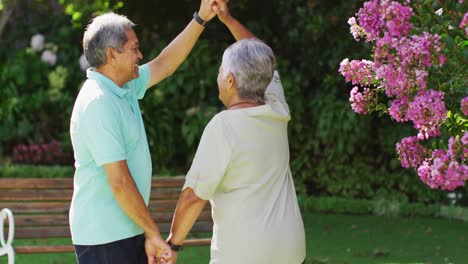 Video-Eines-Glücklichen-Gemischtrassigen-älteren-Paares,-Das-Händchen-Hält-Und-Im-Garten-Tanzt