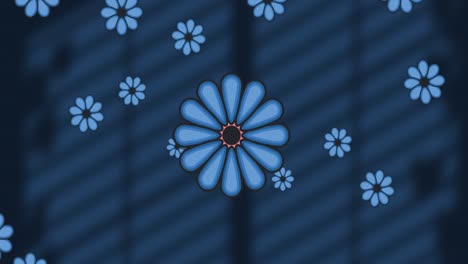 Animation-Von-Blauen-Blumen-über-Fensterschatten-Auf-Marineblauem-Hintergrund