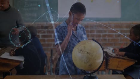 Animation-of-network-of-connections-over-african-american-schoolgirl-with-globe