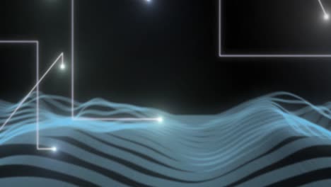 Animation-Von-Lichtern,-Die-Formen-über-Blauen-Wellen-Auf-Schwarzem-Hintergrund-Zeichnen