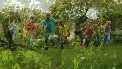 Animation-of-leaves-over-diverse-schoolchildren-running-in-park