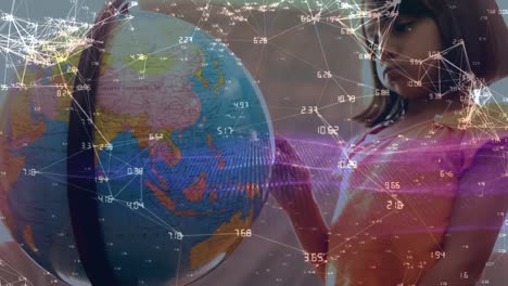 Animation-of-network-of-connections-over-biracial-schoolgirl-with-globe
