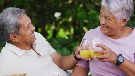 Video-Eines-Glücklichen-Gemischtrassigen-Seniorenpaares-Beim-Picknick-Im-Garten