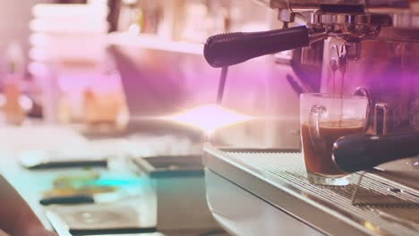 Animation-of-glowing-purple-light-over-caucasian-male-barista-making-coffee
