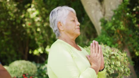 Vídeo-De-Una-Pareja-De-Ancianos-Birraciales-Relajada-Practicando-Yoga-En-El-Jardín