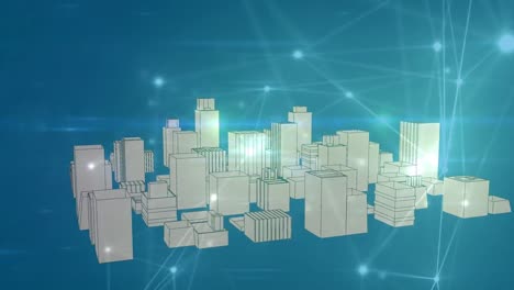 Animation-of-network-of-connections-over-3d-cityscape-spinning-on-blue-background