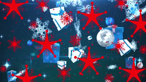 Animation-Von-Roten-Sternen-über-Geschenken-Und-Schneeflocken,-Die-Auf-Marineblauen-Hintergrund-Fallen