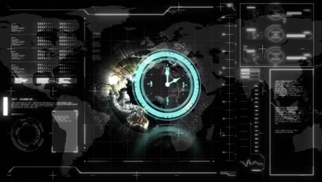 Animation-of-clock-moving-fast-over-globe-and-data-processing-on-screen