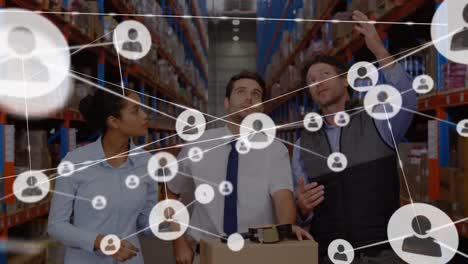 Animation-of-network-of-connections-over-diverse-group-of-warehouse-workers