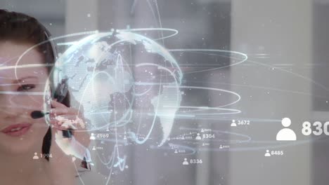 Animation-of-globe-and-numbers-processing-over-caucasian-businesswoman-using-phone-headset