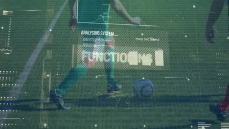 Animation-of-data-processing-over-legs-of-diverse-male-soccer-players-at-sports-field