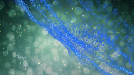 Animation-of-dust-and-blue-glitter-moving-over-green-background-with-bokeh