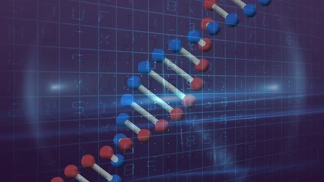 Animation-Von-DNA-Und-Verschiedenen-Daten-Auf-Marineblauem-Hintergrund
