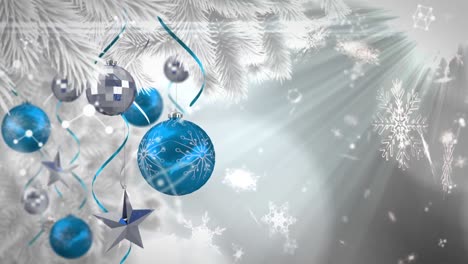 Animation-of-snowflakes-falling-over-baubles-and-tree-on-grey-background