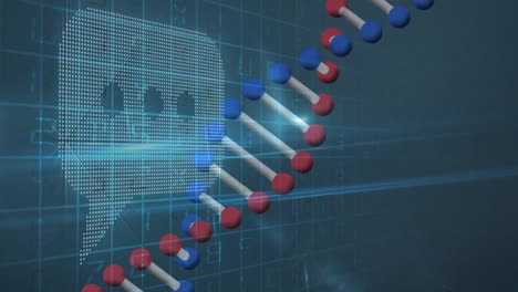 Animation-Von-DNA-Und-Verschiedenen-Daten-Auf-Marineblauem-Hintergrund