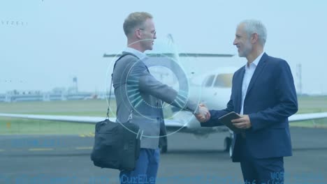 Animation-of-scopes-and-data-processing-over-caucasian-businessmen-shaking-hands-and-airplane