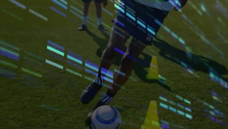Animation-of-data-processing-over-legs-of-diverse-male-soccer-players-at-sports-field