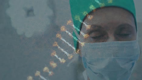 Animation-of-dna-over-caucasian-female-surgeon-in-face-mask
