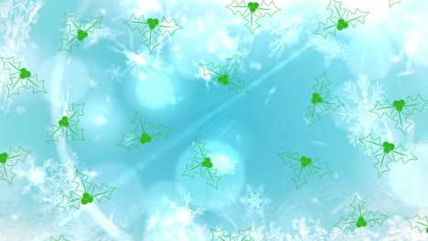 Animation-of-snowflakes-falling-over-ivy-on-blue-background