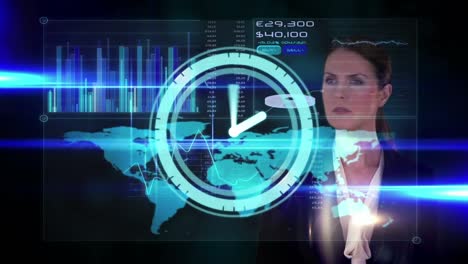 Animation-of-data-processing-and-clock-over-caucasian-businesswoman