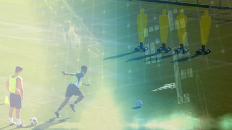 Animation-of-data-processing-over-diverse-male-soccer-players-on-sports-field