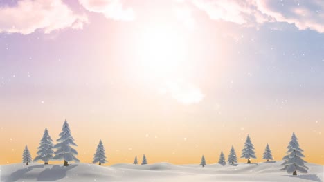 Animation-of-snow-falling-over-sunny-winter-landscape
