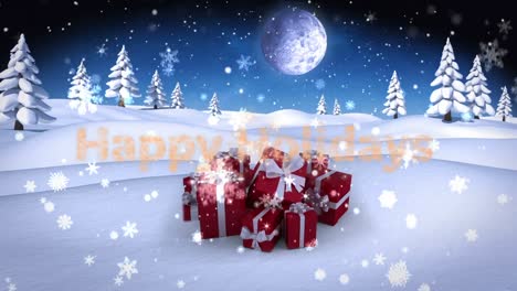 Animation-of-snow-falling-over-happy-holidays-and-night-winter-landscape-with-presents