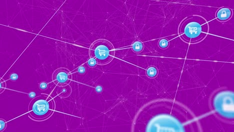 Animation-Des-Netzwerks-Von-Verbindungen-Mit-Symbolen-Auf-Violettem-Hintergrund