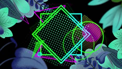 Animation-of-neon-squares-and-leaves-over-black-background