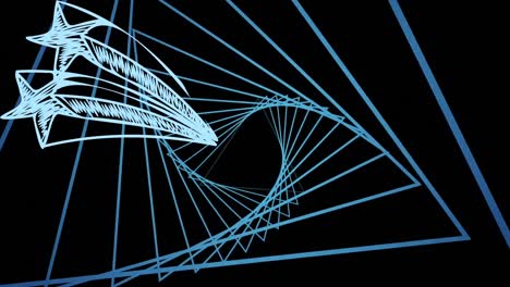 Animation-of-stars-and-blue-linear-shapes-rotating-on-black-background