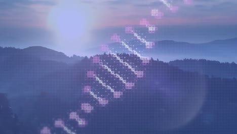 Animation-Der-DNA,-Die-Sich-Bei-Sonnenuntergang-über-Der-Landschaft-Dreht