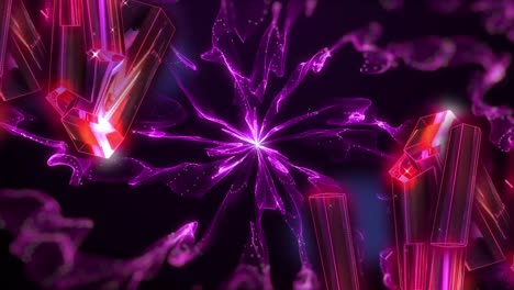 Animation-Von-Neondiamanten-Und-Violetten-Wellen,-Die-Sich-Auf-Schwarzem-Hintergrund-ändern