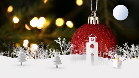 Animation-of-christmas-bauble-over-winter-landscape-with-snowman